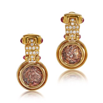 View 1 of Lot 2934: 'Monete' Pair of Gold, Ancient Coin, Diamond and Ruby Pendent Earrings | 寶格麗 | 'Monete' K金 及 古錢幣 配 鑽石 及 紅寶石 耳墜一對