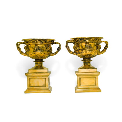 Catalog image of a pair of gilt-metal 'warwick vase' wine coolers, 19th century