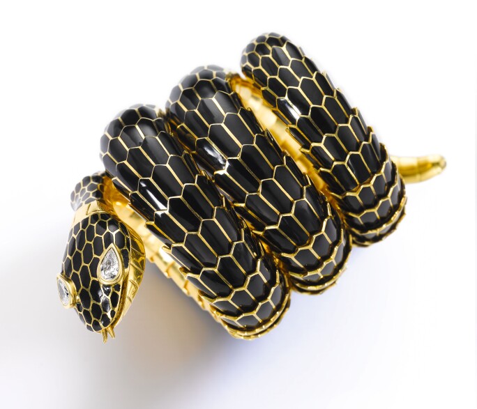 Enamel and diamond bracelet-watch, 'Mamba Nero', Bulgari. Estimate CHF 200,000-300,000.