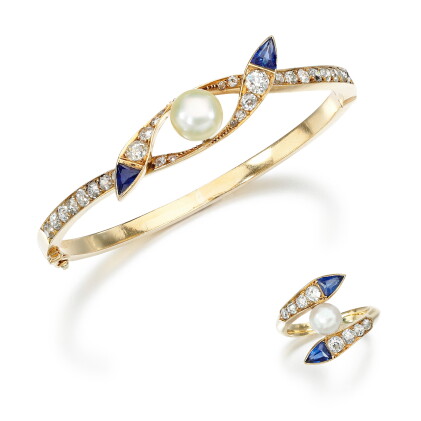 Catalog image of pearl, sapphire and diamond demi-parure