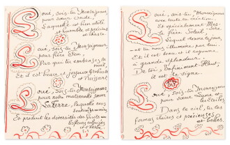 View 1 of Lot 74: [Cantique des créatures]. Manuscrit autographe avec ornements à l'encre noire et rouge. 2 pages.