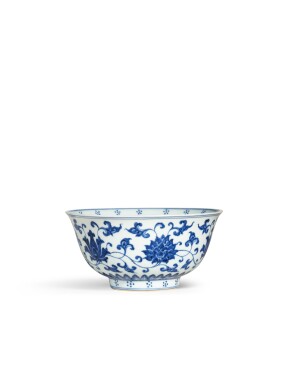 View 1 of Lot 1027: An extremely rare blue and white 'lotus' bowl, Mark and period of Xuande | 明宣德　青花纏枝蓮紋盌　《大明宣德年製》款