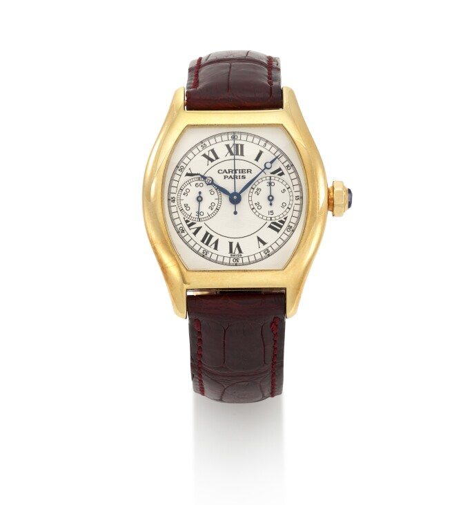 CARTIER, TORTUE MONOPOUSSOIR, REFERENCE 2536, YELLOW GOLD MONOPUSHER CHRONOGRAPH WRISTWATCH, CIRCA 2002. ESTIMATE: €7000–10000