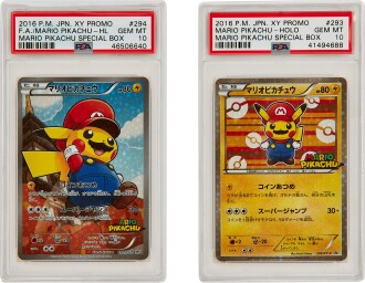 View 1 of Lot 127: Japanese Pokémon TCG x Mario, Full Art/Mario Pikachu, Mario Pikachu - Holo (Mario Pikachu Special Box)(set of two) | 日版精靈寶可夢 X 瑪利奧, FULL ART 瑪利奧比卡超, 瑪利歐比卡超 - HOLO (瑪利奧比卡超特別盒)(一組兩張)