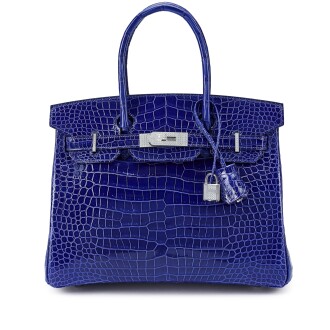 View 1 of Lot 121: Bleu Electrique Shiny Porosus Crocodile Birkin 30 18K White Gold and Diamond Hardware, 2014