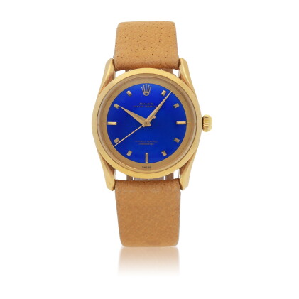Catalog image of 'bombay' ref 6290 yellow gold wristwatch with fancy lugs and blue enamel dial c…