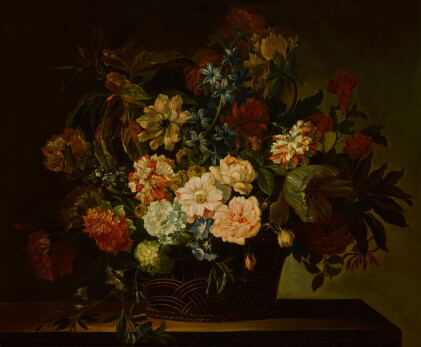 Catalog image of Dahlias, tulips, honeysuckle and other flowers in a basket on a table