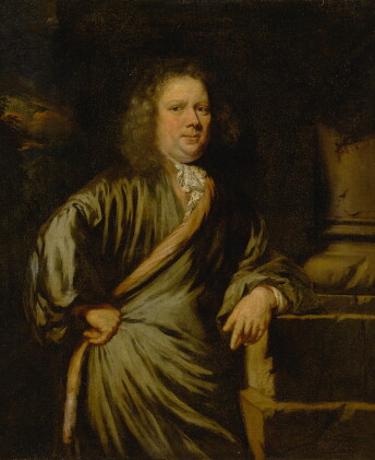 Catalog image of Portrait of a gentleman, in a grey cloak, resting his left arm on the base of a…