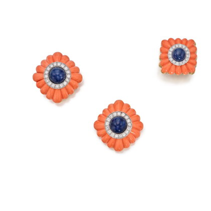 Catalog image of Coral, Sapphire and Diamond Ring and Pair of Earclips