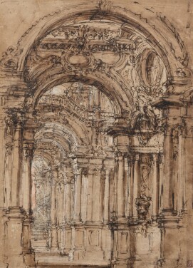 View 1 of Lot 153: An architectural fantasy: an elaborate vaulted interior of a church leading to an altar