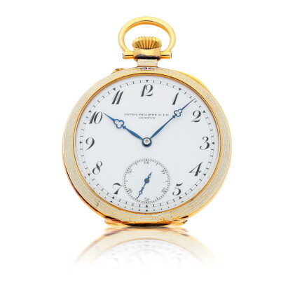 Catalog image of yellow gold and white enamel open-faced watch with white enamel dial made in 1908