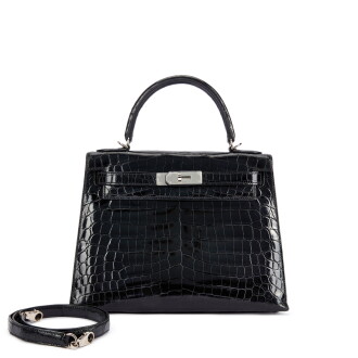 View 1 of Lot 6044: Black Shiny Niloticus Crocodile Kelly 28 Sellier Palladium Hardware, 2014