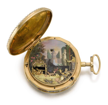 Catalog image of 'the garden theatre' | a rare gold, enamel and pearl-set quarter repeating auto…