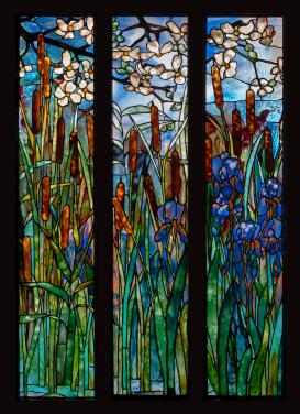 View 1 of Lot 208: Iris, Cattail and Dogwood Triptych Window