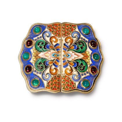 View 1 of Lot 92: A gem-set, silver-gilt and cloisonné enamel belt buckle, workmaster Feodor Rückert, Moscow, 1908-1917