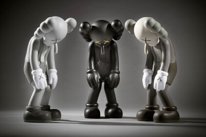 Catalog image of kaws | three works: (i) small lie (brown); (ii) small lie (black); (iii) small …