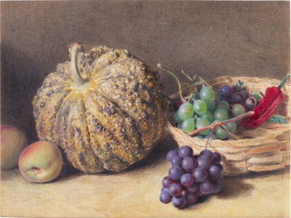Catalog image of still life with squash, peaches, grapes and a pepper
