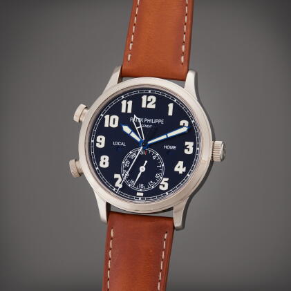 Catalog image of Reference 5524G-001 Calatrava Pilot Travel Time | A white gold automatic dual t…
