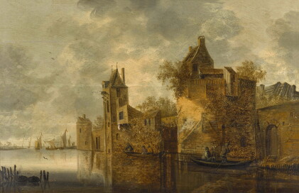 Catalog image of pieter de bloot | a river landscape with figures in rowing boats beside buildings
