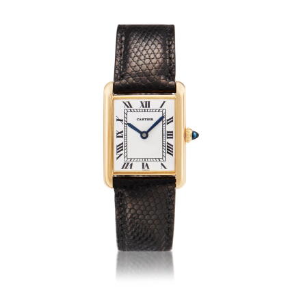 Catalog image of Tank Louis, A yellow gold rectangular wristwatch, Circa 1975