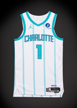 View 1 of Lot 17: LaMelo Ball Charlotte Hornets 2025-2026 Emirates NBA Cup Game Worn Association Edition Jersey | 5,000th Career Point | Double-Double