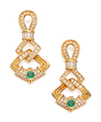 Catalog image of pair of gold, emerald and diamond earrings, chaumet, france