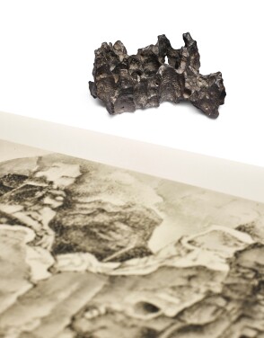 View 1 of Lot 28: A 'Yang Meng' lingbi rock inscribed by Luo Pin, Qing dynasty and an album and a painting by Liu Dan (b. 1953) | 清 羅聘題靈璧「養蒙」石供 《兩峯為解谷題》款 連 劉丹畫養蒙石八面容姿畫冊及畫軸