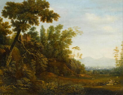 Catalog image of simon-mathurin lantara | a landscape with a farmer and his herd and ruins on a …