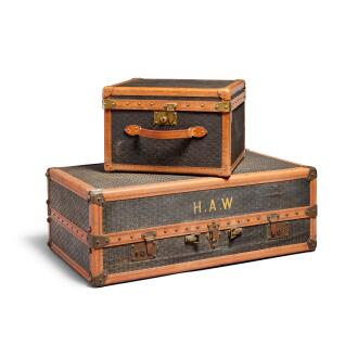 View 1 of Lot 133: Set of Two Vintage Goyardine Canvas Wardrobe Trunk Brass Hardware and Vintage Goyardine Canvas Hat Box Brass Hardware