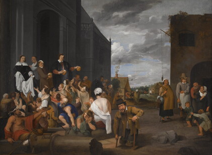Catalog image of mattheus van helmont | a lady and gentleman distributing alms to the poor