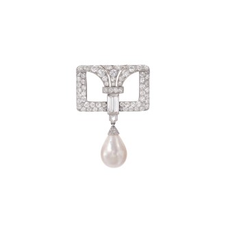 View 1 of Lot 603: Natural pearl and diamond brooch