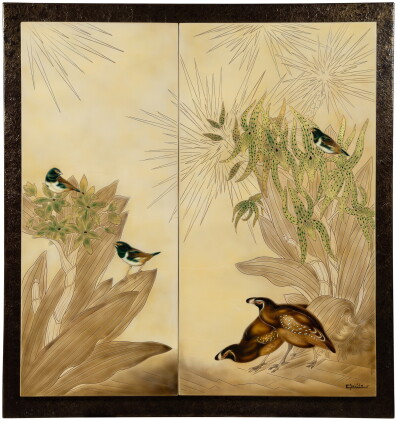 Catalog image of Dyptic Hirondelles de Chine et colins de Californie dans les Orphys en fleurs