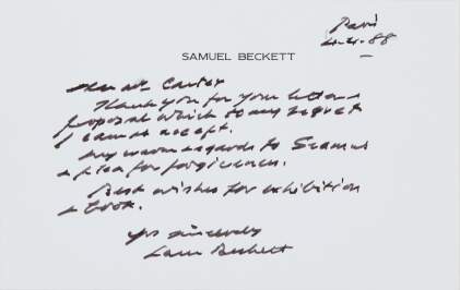 Beckett, autograph postcard signed, to Ray Carter, 1988