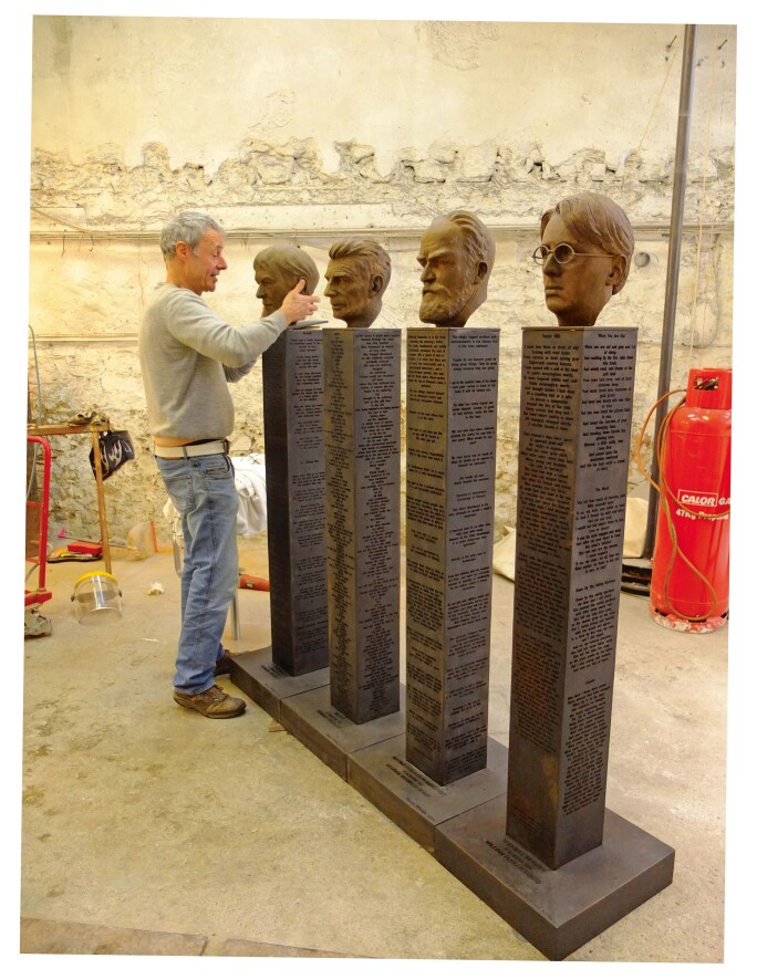 Rowan Gillespie working on the Irish Nobel Laureates for Literature at the John J. Burns Library, Boston College, commissioned by Brian P. Burns.
