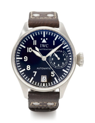 Catalog image of big pilot, reference 5002 stainless steel wristwatch with date and power reserv…