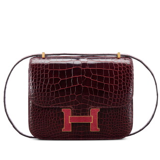 View 1 of Lot 623: Limited Edition Bourgogne Shiny Mississippiensis Alligator Mini Constance 18 Rouge Moyen Lizard and Gold Hardware, 2015