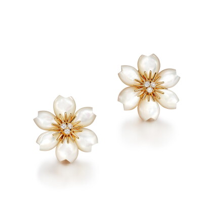 Catalog image of 'Rose de Noël' Pair of Mother-of-Pearl and Diamond Ear Clips | 梵克雅寶 | 'Rose de …