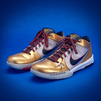 View 1 of Lot 30: Stephen Curry 2025-2026 Game Worn Dual-Signed and Inscribed Nike Kobe 4 Protro 'Gold Medal'