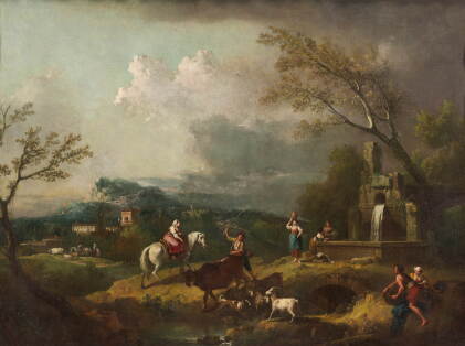 Catalog image of Farmers and their herd near a fountain in front of a panoramic landscape