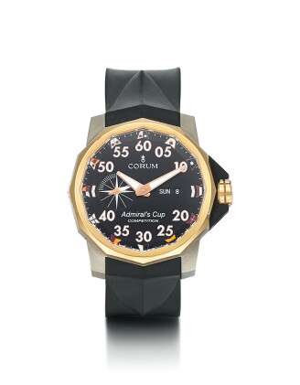Catalog image of corum | admirals cup, reference 01.0002, a pink gold and titanium wristwatch wi…