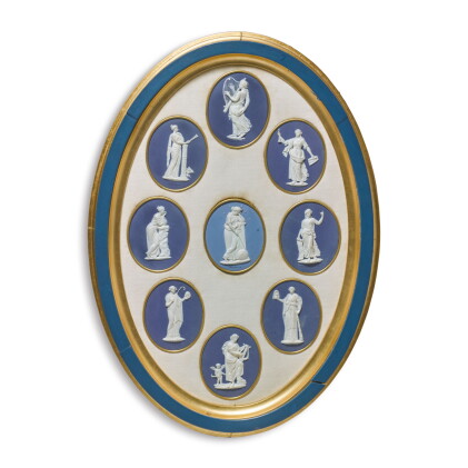 Catalog image of a group of wedgwood and bentley blue and white jasperware oval medallions of th…