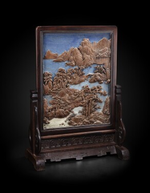 View 1 of Lot 225: A rare imperial bamboo-inlaid and zitan-framed ‘landscape’ screen Qing dynasty, Qianlong period | 清乾隆 紫檀嵌竹山水圖、百壽紋雙面插屏