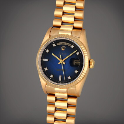 Catalog image of Day-Date, Reference 18238 | A yellow gold and diamond-set wristwatch with day, …