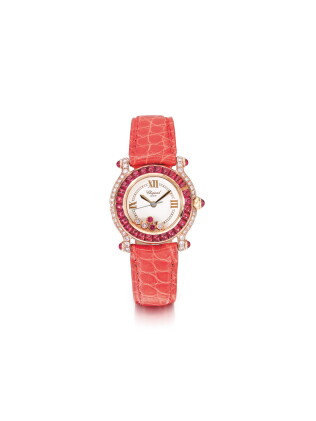 Catalog image of chopard | happy sport, a lady's pink gold pink diamond and ruby set wristwatch …