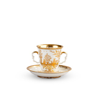 View 1 of Lot 608: A Meissen porcelain Hausmaler Goldchinesen two-handled beaker and stand, the porcelain circa 1720-25, the decoration slightly later
