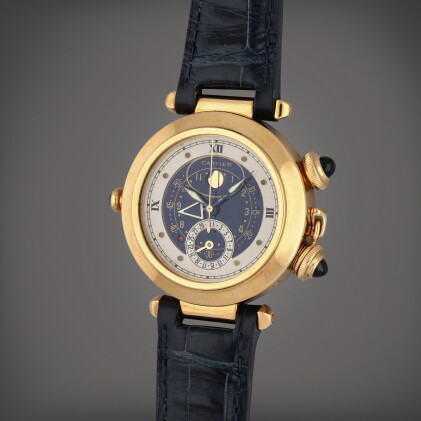 Catalog image of Pasha, Reference 30011 | A yellow gold calendar wristwatch with alarm and moon …
