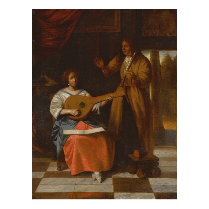 Catalog image of pieter de hooch | interior with an elegant couple playing music