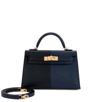 View 1 of Lot 6095: Limited Edition Bleu Indigo, Black Epsom and Rouge Grenat Casaque Mini Kelly II 20 Gold Hardware, 2021