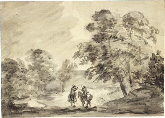 View 1 of Lot 6: Wooded landscape with two figures on horseback travelling along a winding track