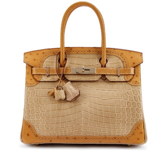 View 1 of Lot 9806: Important Private Collection: Limited Edition Poussière Matte Niloticus Crocodile, Tabac Camel Ostrich and Sesame Lizard Grand Mariage Birkin 30 Permabrass Hardware, 2013